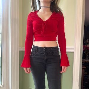 SHEIN red cinched bell sleeve crop top